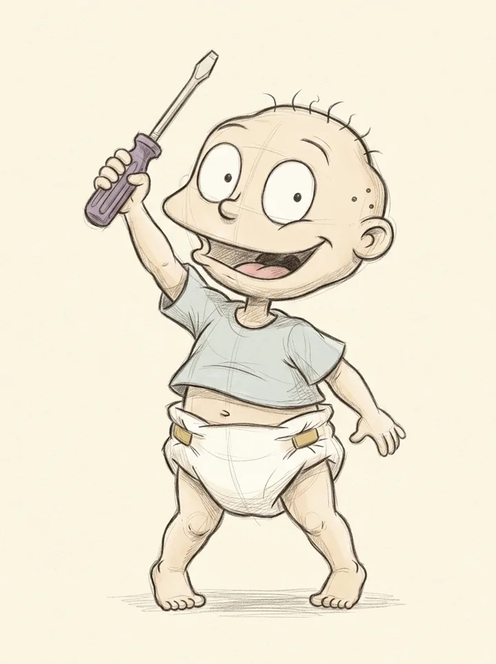 pencil-test study of Tommy Pickles holding his purple-handled screwdriver overhead in a determined stance