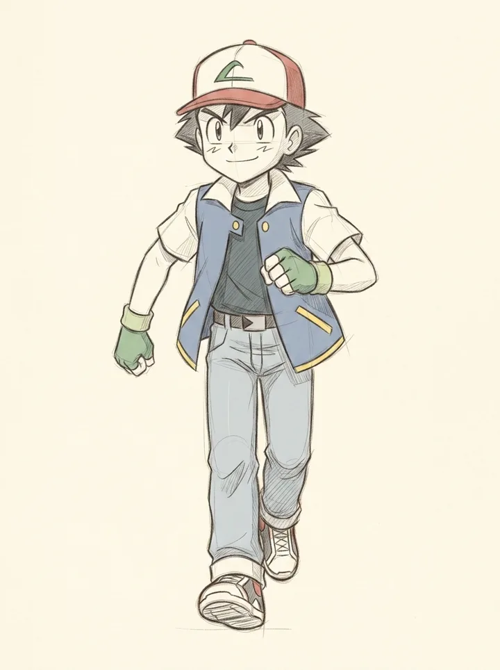 pencil-test study of Ash Ketchum mid-stride holding a Pokéball forward, in anime line language translated to pencil