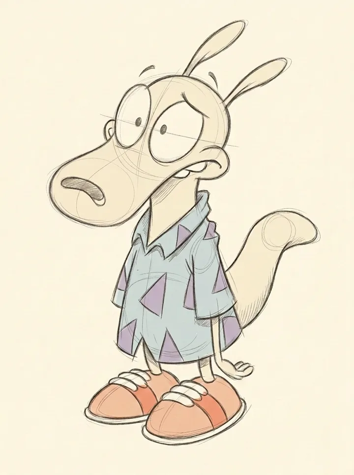 pencil-test study of Rocko the wallaby standing slightly slack-shouldered in his Hawaiian shirt, looking around in mild bewilderment