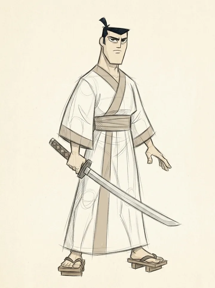 pencil-test study of Samurai Jack standing in a calm ready stance with his katana drawn at a low diagonal