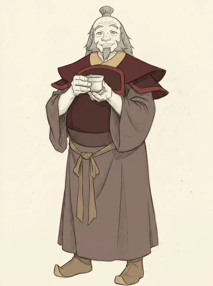 pencil-test study of Uncle Iroh standing calmly holding a small ceramic teacup in both hands at chest height