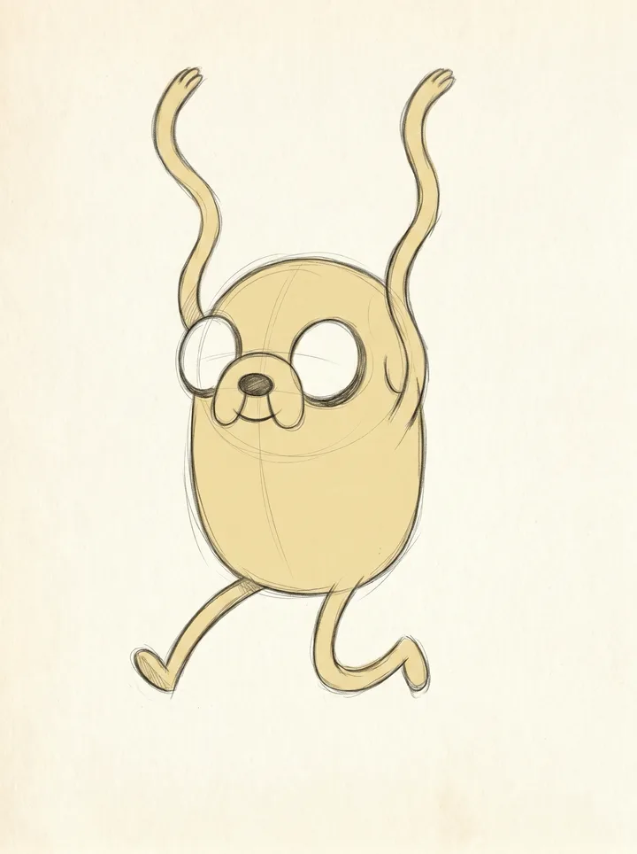 pencil-test study of Jake the Dog with his right arm stretched roughly three times his body length, body squashed slightly to preserve volume
