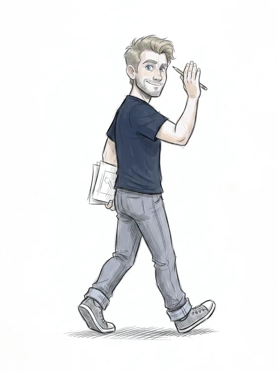 Pencil-test sketch of Sean walking off the page, looking back with a pencil raised and storyboard sheets under his arm
