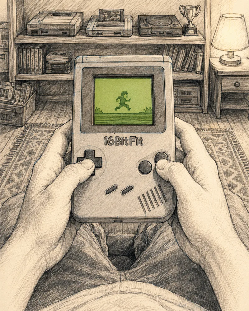 A pencil-test illustration on cream paper: a first-person view down at two hands holding a Game Boy-style handheld labelled '16BitFit', its green LCD showing a pixel-art runner mid-stride. A retro-gaming shelf of consoles, cartridges, and a trophy sits softly in the background.