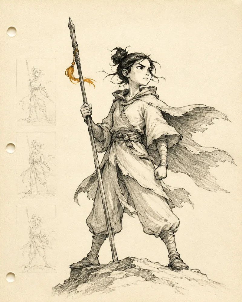 A pencil-test character-design sketch on cream sketchbook paper: a young warrior in a hooded, tattered cloak grips a tall spear with an amber ribbon tied near its tip, braced in a determined stance atop a rocky outcrop. Three smaller pose studies of the same figure run down the left margin.