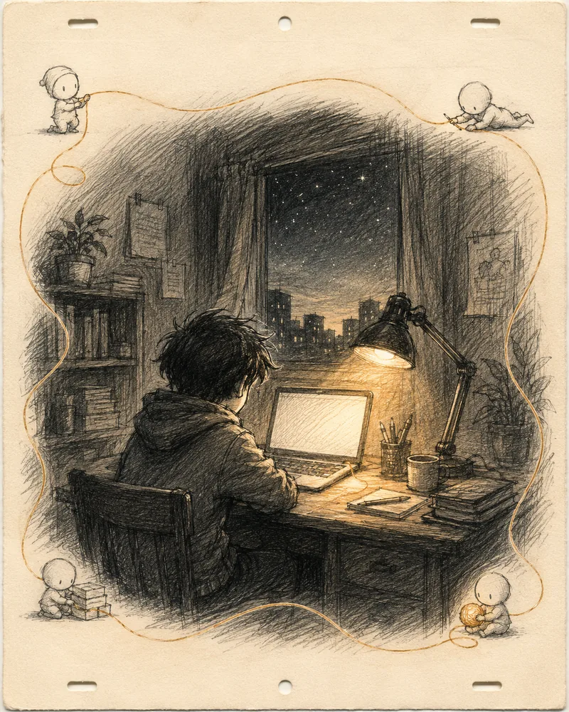 A pencil-test illustration on cream paper: a figure seen from behind hunched over a glowing laptop at a night desk, an amber desk lamp lighting scattered notes, a window opening onto a starry city skyline, a plant-topped bookshelf behind. Four small mascot helpers sit in the corners, linked by a thin amber thread.