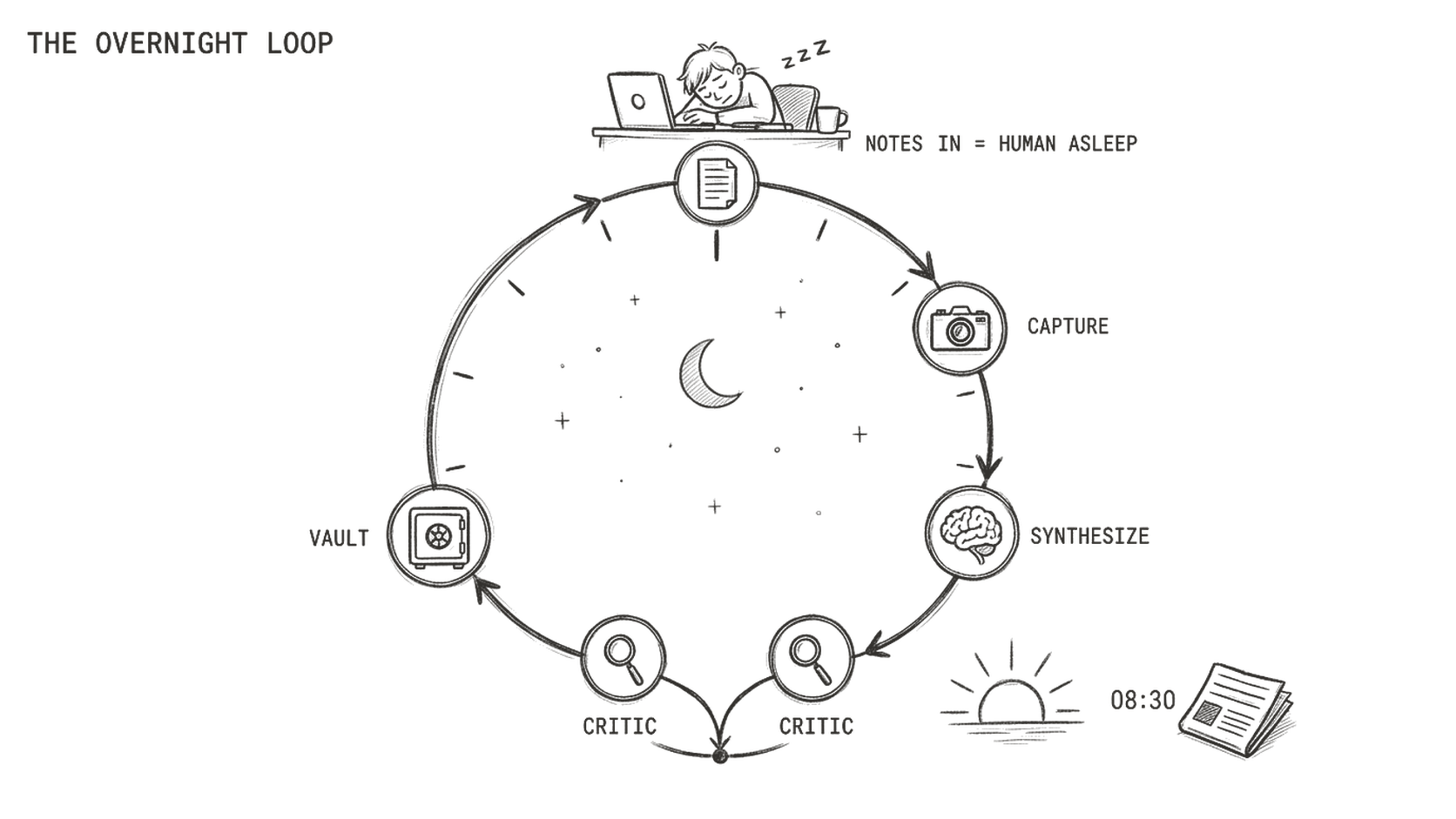 A hand-drawn pencil-test diagram on cream paper showing an overnight automation loop as a clock dial. At the top, a crescent moon and a small figure asleep at a desk, labeled NOTES IN, HUMAN ASLEEP. Reading clockwise around the dial: CAPTURE, then SYNTHESIZE, then a fork to two nodes both labeled CRITIC that rejoin, then VAULT. At the lower right, a rising sun and an 08:30 marker beside a small newspaper strip, where the loop hands the finished work back to the human. Titled THE OVERNIGHT LOOP.