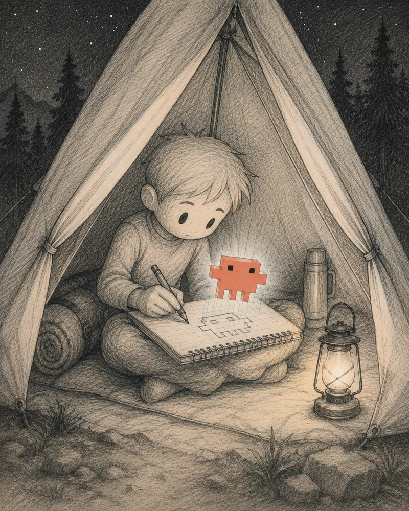 A pencil-test illustration on cream paper: a child sits cross-legged in a glowing camping tent at night, drawing in a spiral sketchbook. A small red pixel-art creature hovers off the page as its sketched pixel form takes shape on the paper; a lantern and a pine forest sit beyond the tent flaps.