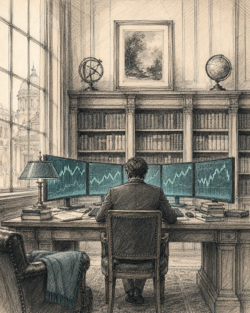 A pencil-test illustration on cream paper: a figure seen from behind at a broad wooden desk in a wood-paneled study, facing a panoramic arc of four monitors showing teal financial charts. Floor-to-ceiling bookshelves, an armillary sphere and a globe, a brass desk lamp, and a tall window onto a domed civic building frame the room.