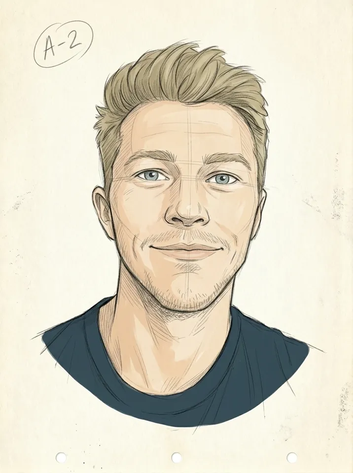 Sean as a traditional animation pencil-test sketch on warm cream paper, production label A-2 in the corner.