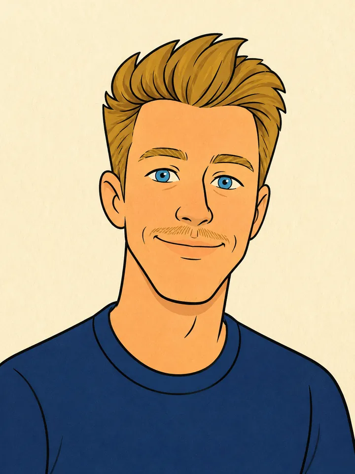 Sean drawn in a Saturday-morning comic-book panel style — bold ink outline, halftone shading, flat color, action-pose framing.