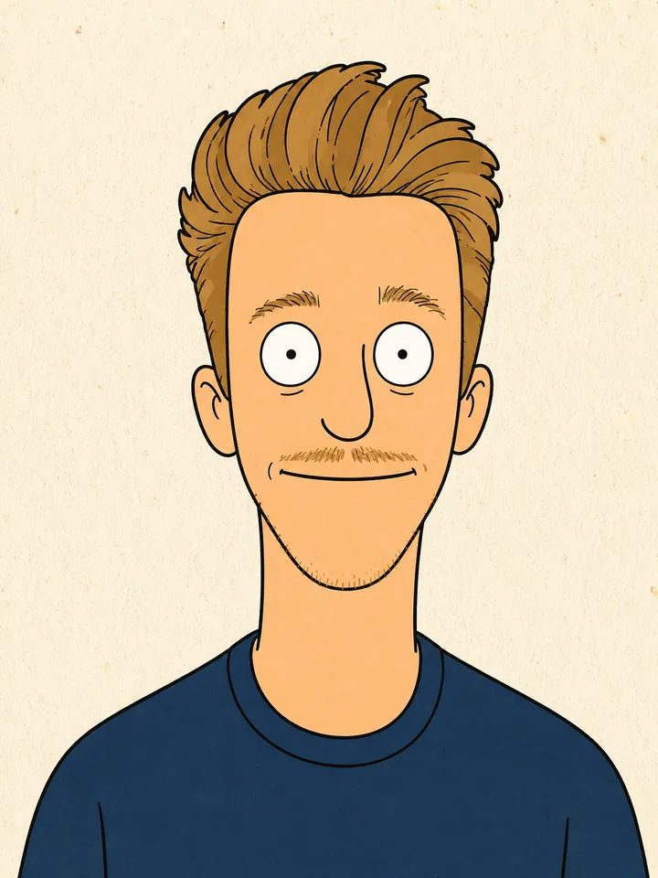 Sean rendered in the Loren Bouchard / Bob's Burgers character-design language — bean-shaped head, dot eyes, bold outline.