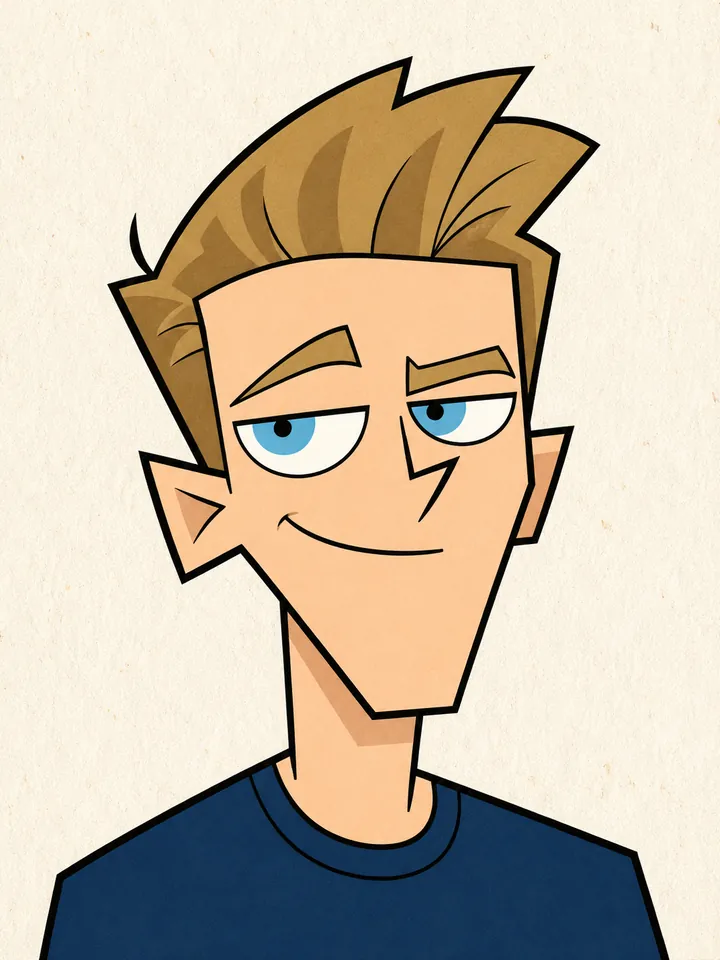 Sean as a shōnen anime cel — angular features, spiky hair, reflective highlights, bold outline, flat color.
