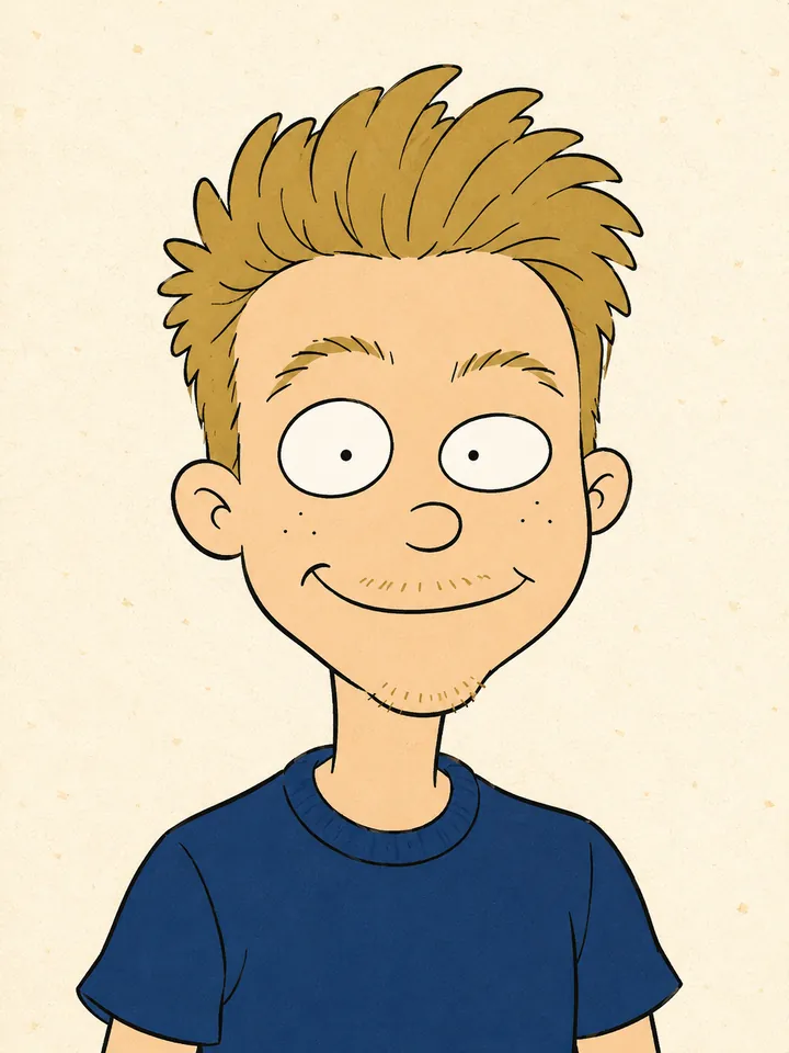 Sean rendered in classic Nicktoons / Hey Arnold!-adjacent style — flat color, simple features, freckles, oval eyes.
