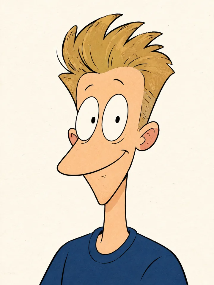 Sean in modern Cartoon Network simplification — big oval eyes, dot pupils, exaggerated noodle proportions.