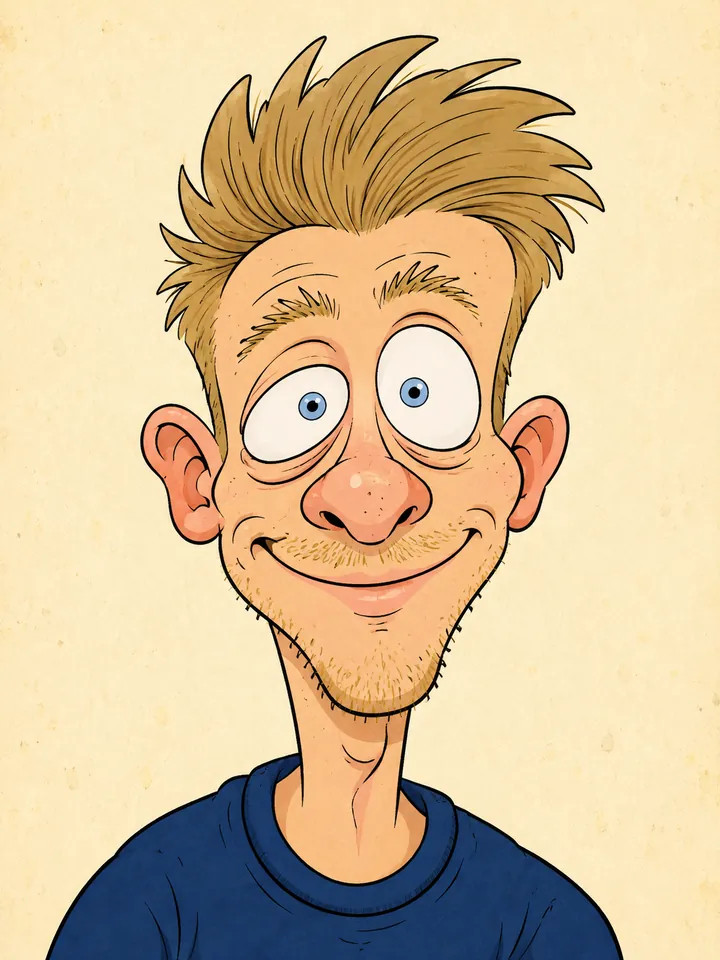 Sean as a Mike Allred-coded comic illustration — pop-art contour outlines, expressive cartoon eyes, watercolor background.