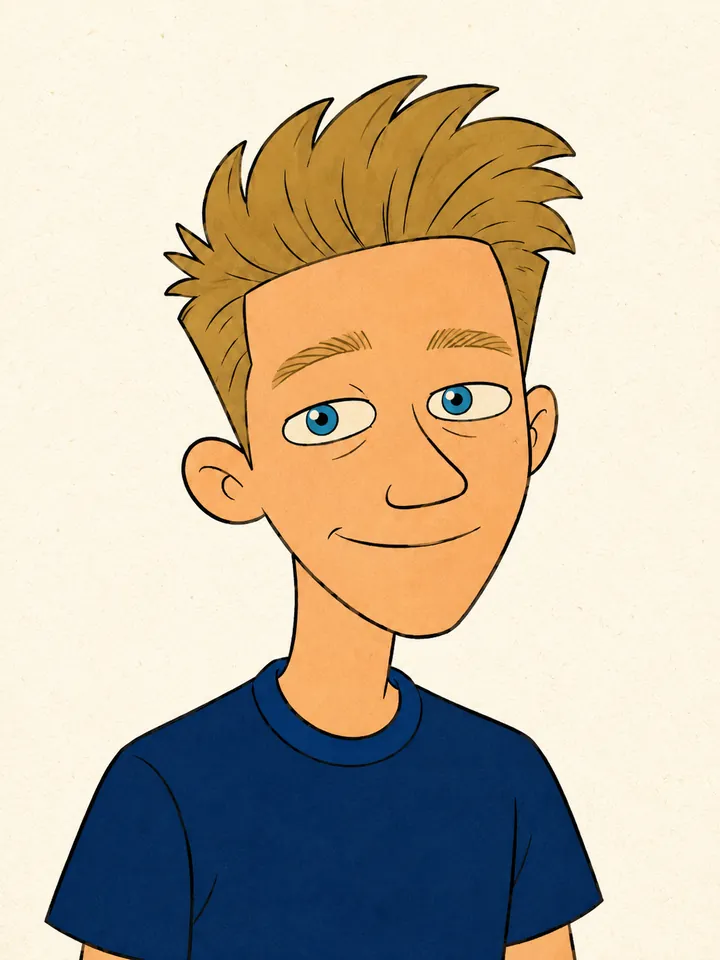 Sean in modern Cartoon Network style — almond eyes, light blue iris, clean line work, flat color (Steven Universe-adjacent).