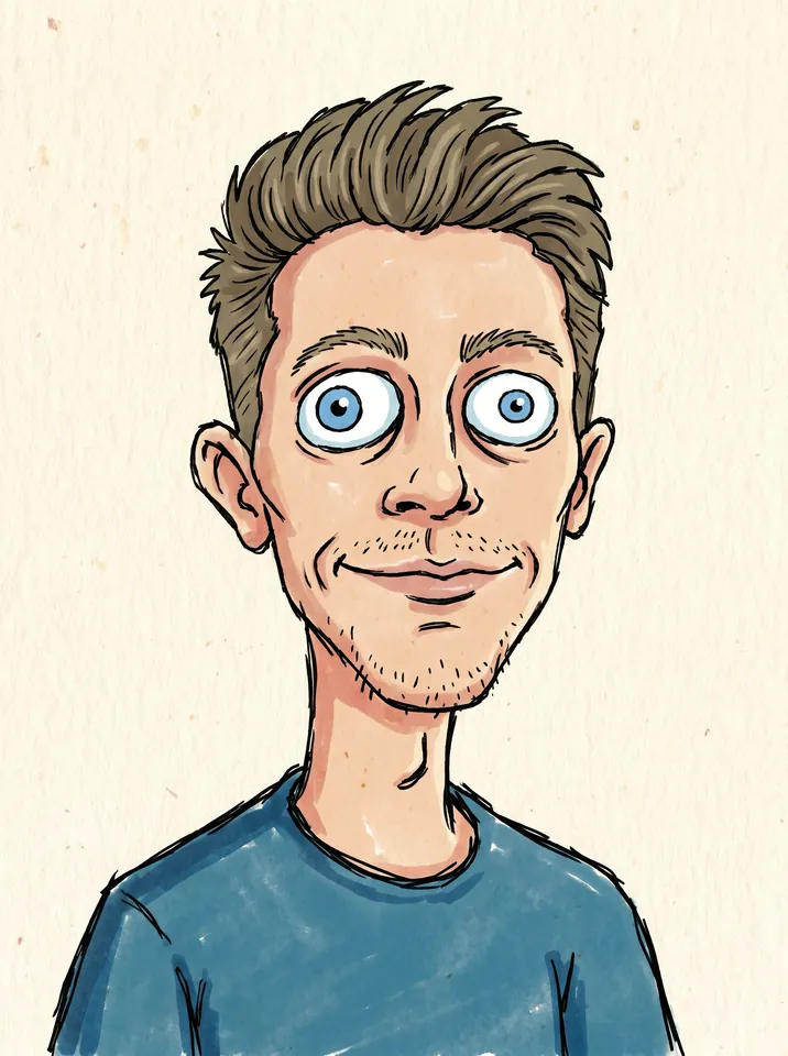Sean as a pop-art comic illustration — bulging cartoon blue eyes with rim highlights, sketchy ink linework, watercolor color.
